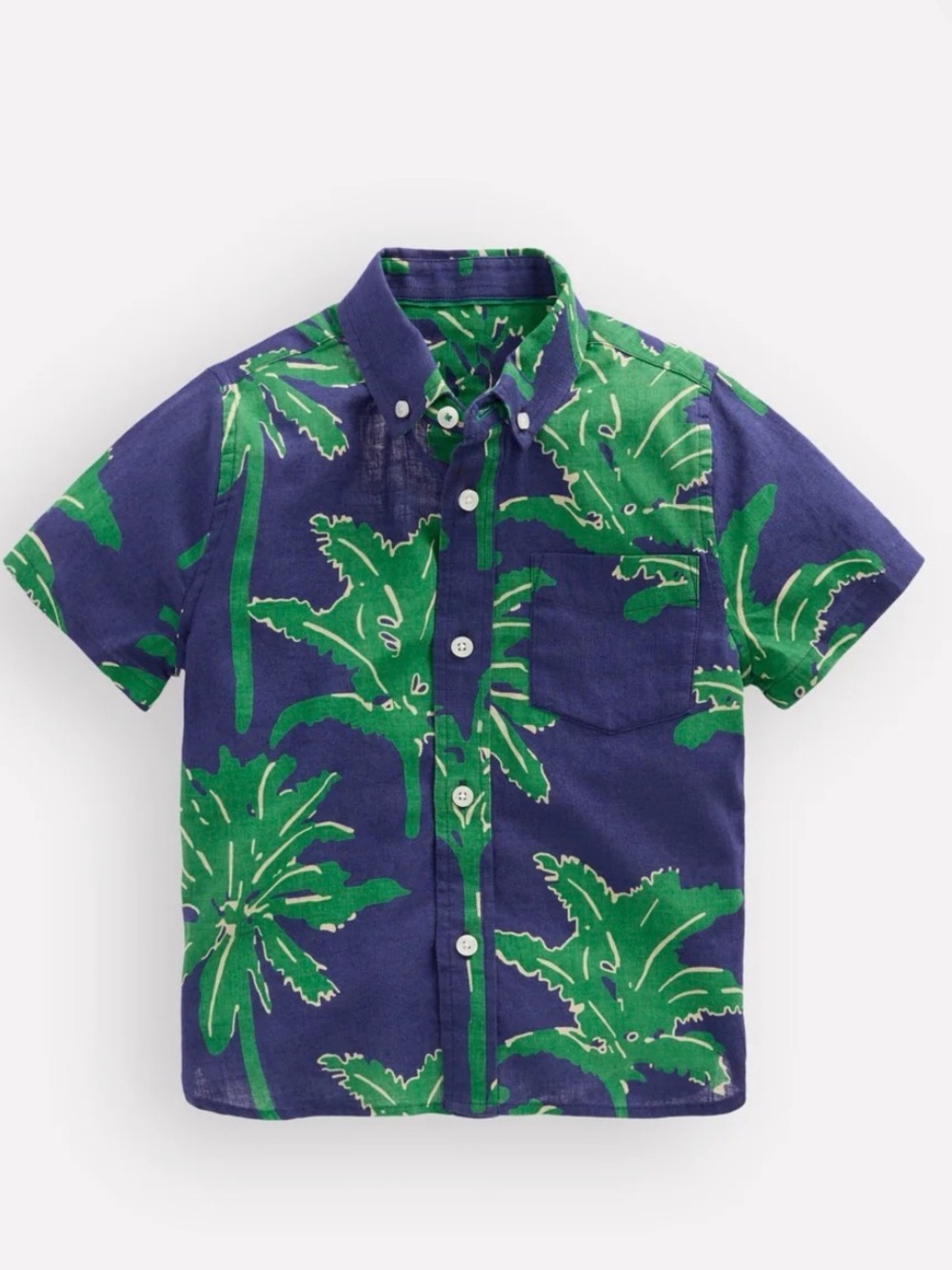 Mini Boden Boys Navy & Green Palm Print Cotton Linen Button-Down Shirt